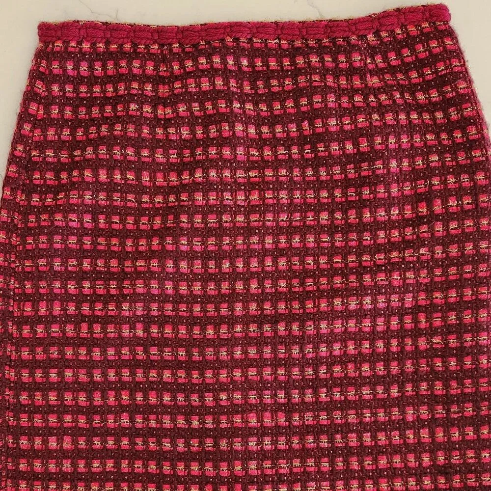 Tory Burch Wool Blend Sz 4 Basketweave Ribbon Plaid Pencil Skirt Pink Tweed Work - Picture 4 of 10